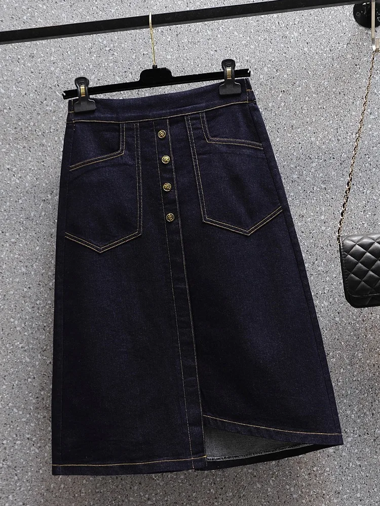 تنورة دينم مرنة باللون الأزرق الداكن بخصر عالٍ على شكل حرف A تنانير صيفية نسائية غير رسمية بخصر عالٍ مزيج من القطن العتيق #2