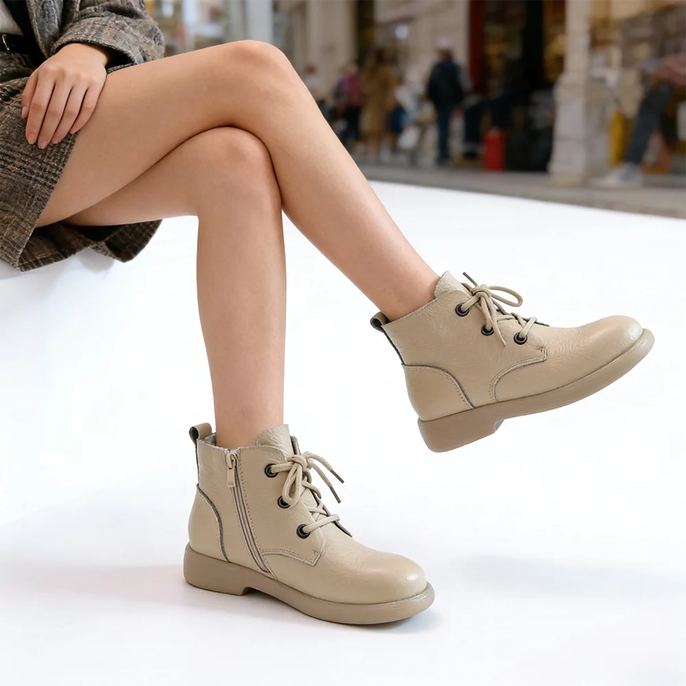 

Женские ботильоны из натуральной кожи на осень-зиму 2026, с боковой молнией, комфортные, из мягкой воловьей кожи, короткие, бежевые, DX940