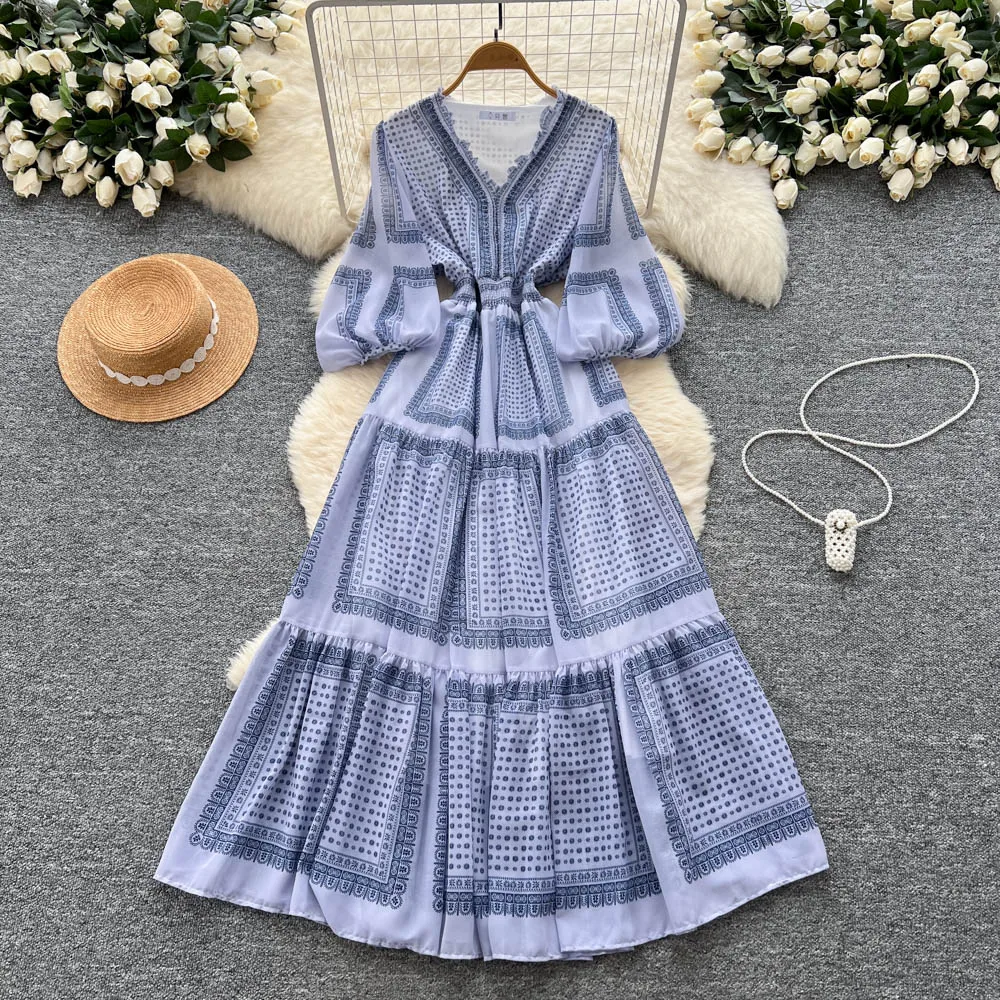 Chic vintage V-neck ruffle print slim Elegant Fairy korean fashion Boho Sundress women clothing Long dress