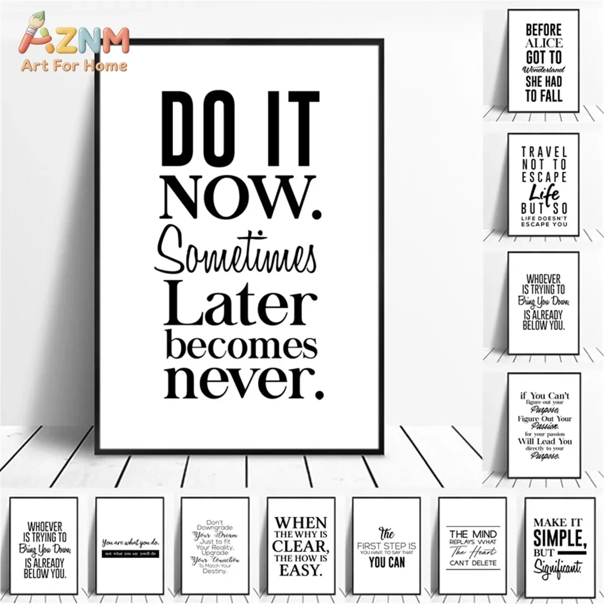AZNM Impression sur toile minimaliste noir et blanc avec citation motivante, phrase inspirante, art mural sur toile non encadré, pour bureau, chambre à coucher, S