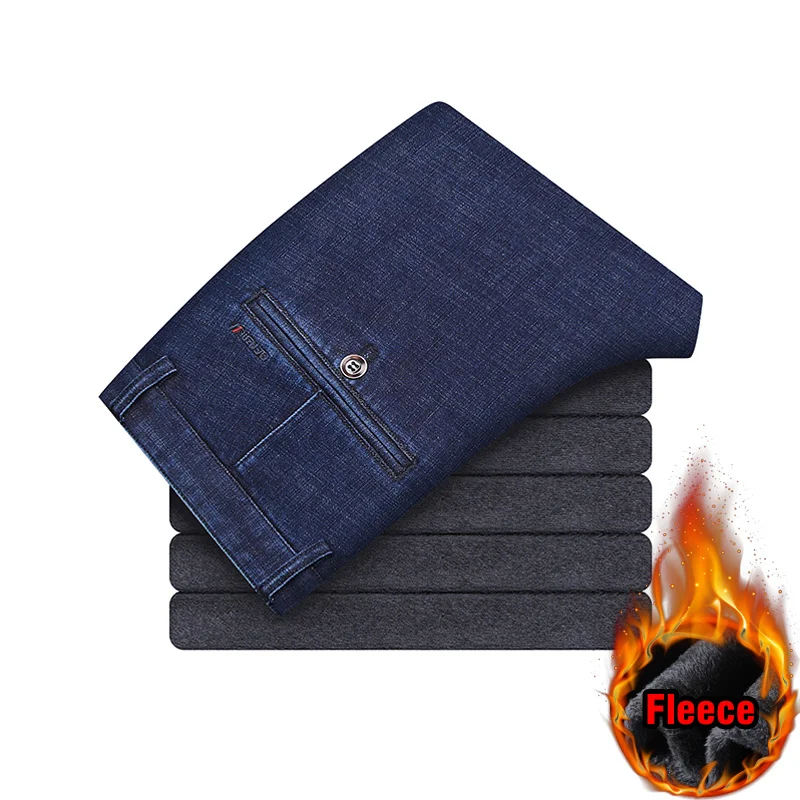 

Brother Wang Winter New Men's Fleece Jeans Business Fashion Black Blue Warm Thick Denim Pants Straight Trousers Male Brand