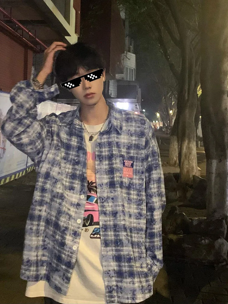 

Japanese Sle Tie Dye Blue Plaid Long Sve Men's irt Spring Autumn Trendy Design Couple's Clothing Loose Fit Button down