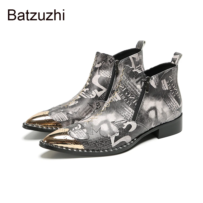 

Batzuzhi Pointed Iron Toe Leather Ankle Boots Man Zips Grey Men Leather Short Boots with Low Heels Party Footwear! Big Sizes
