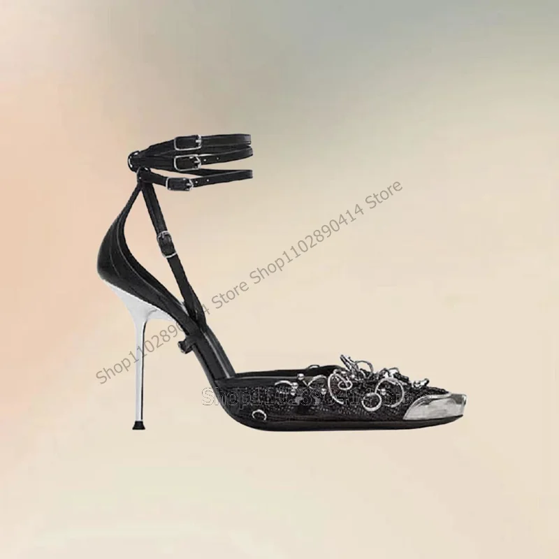 

Metal Circle Decor Black Pointed Toe Pumps Ankle Buckle Strap Women Shoes Thin High Heels Fashion Party 2025 Zapatos Para Mujere