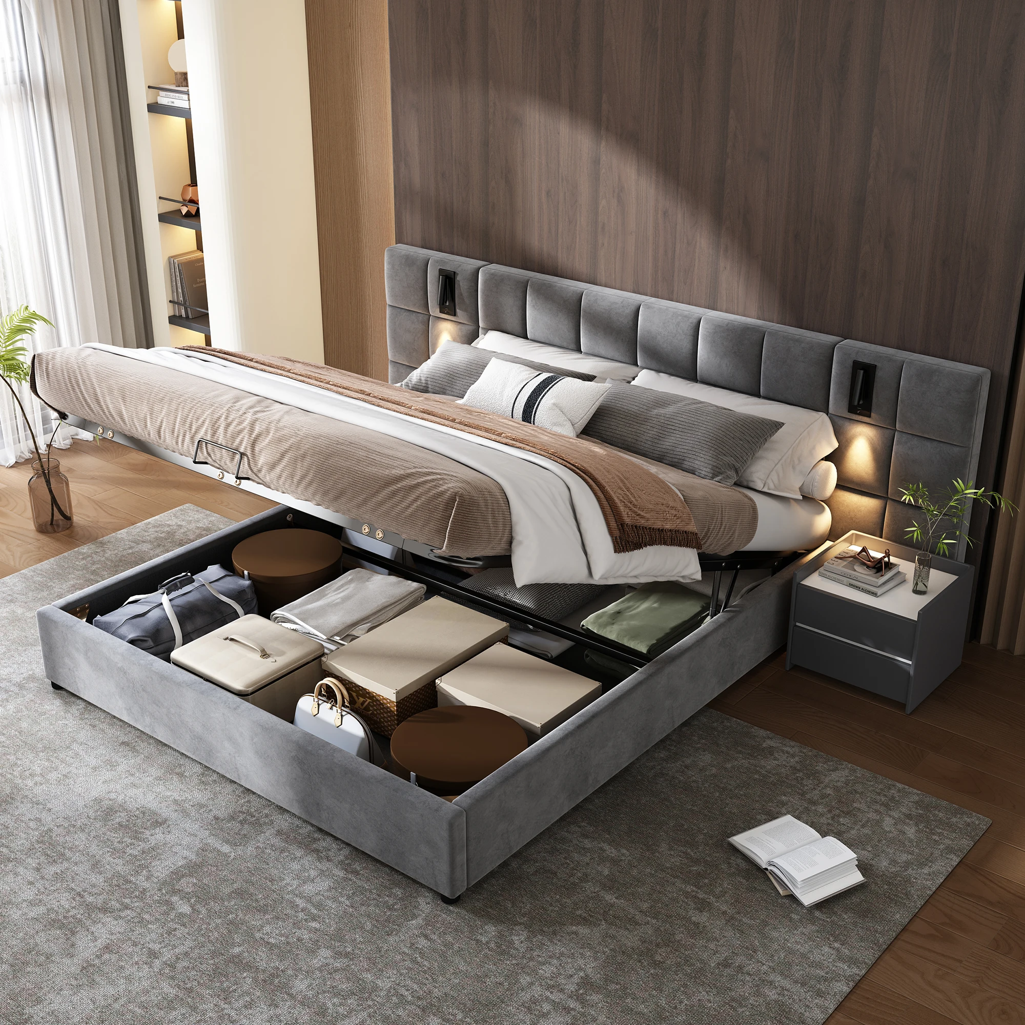 Bed 140x200 Cm Hydraulic LED USB Checkerboard Pattern Velvet Gray Merax Pad