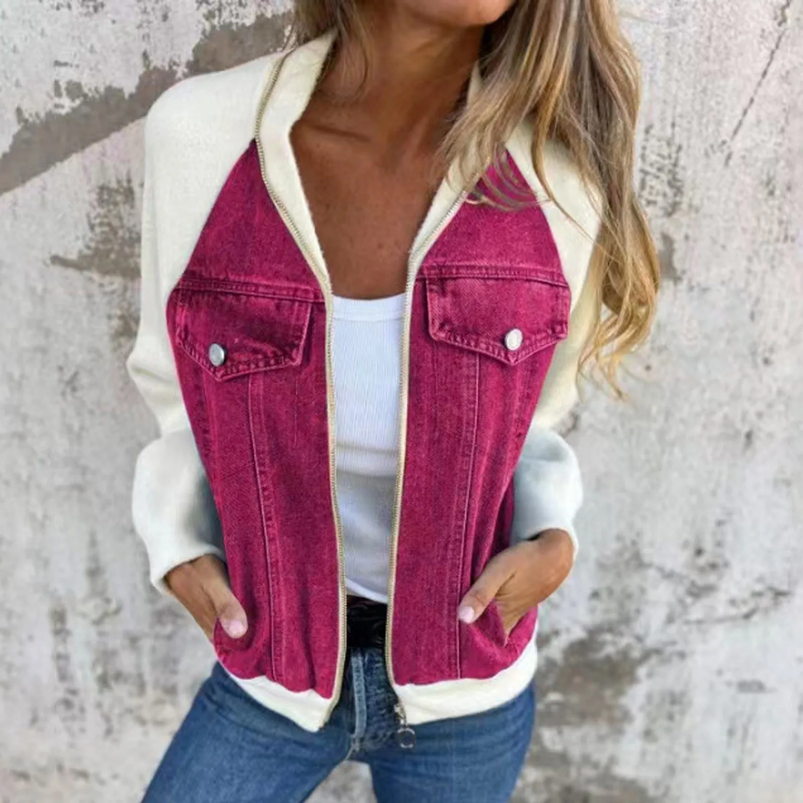 Women's Autumn Winter Jackets Fashion Denim Patchwork Zip Up Jacket Streetwear Harajuku Casual Coat With Pockets Chaquetas