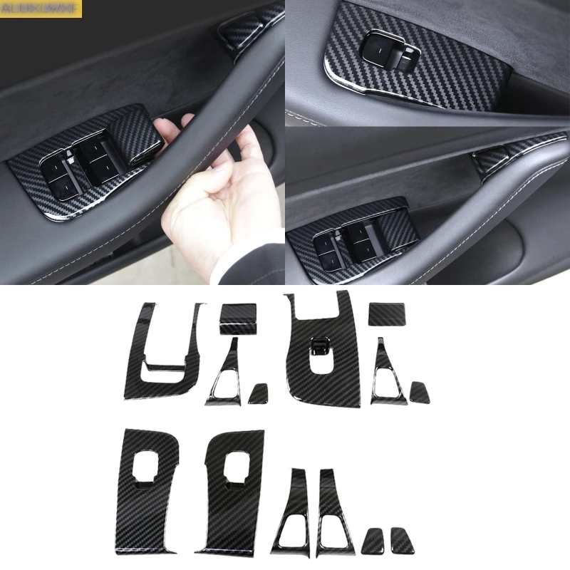 

ABS carbon fiber Car Inner Door Armrest Window Lift Button Cover Kit car Accessories For tesla model 3 Y 2018 2019 2020 2021