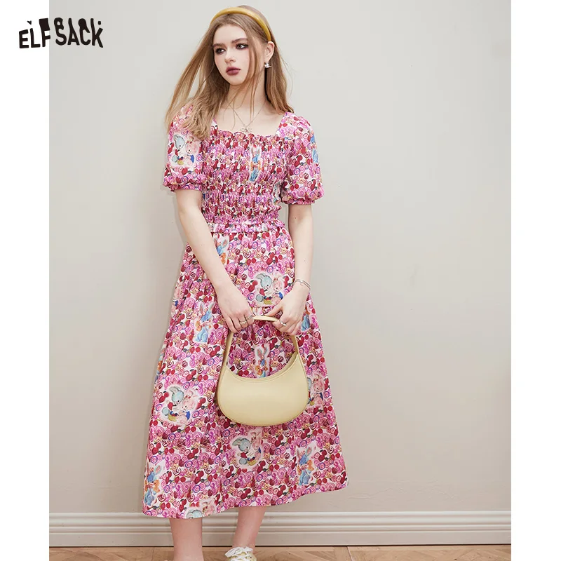 ELFSACK Palace style full print square neck dress for women in spring 2024, new design sense, waist cinching princess dress