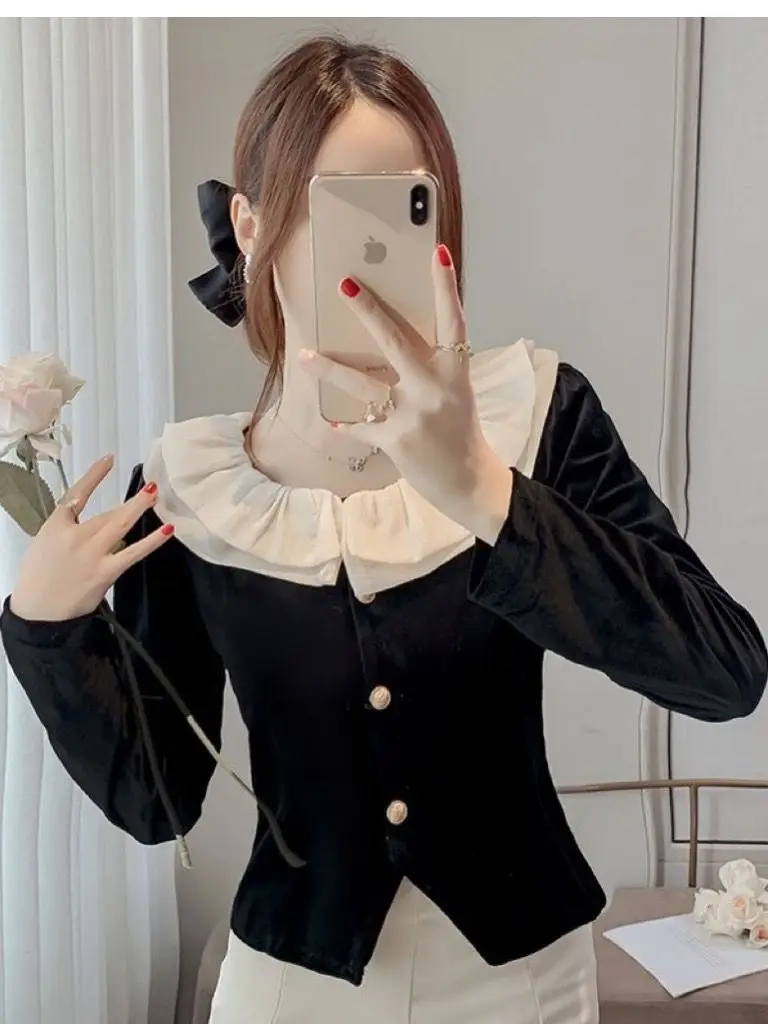 

Утепленная вельветовая блузка с двойным воротником-стойкой, осенне-зимняя новинка, женская модная блузка во французском стиле с длинными рукавами