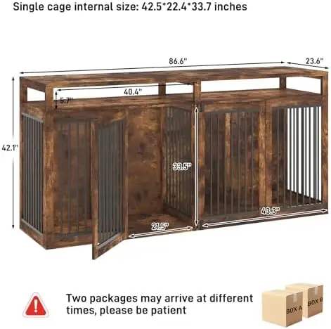 87In Extra Large Dog Crate Furniture for 2 Dogs, Farmhouse Dog Kennel Furniture, Dog Crate TV Stand with Solid Metal