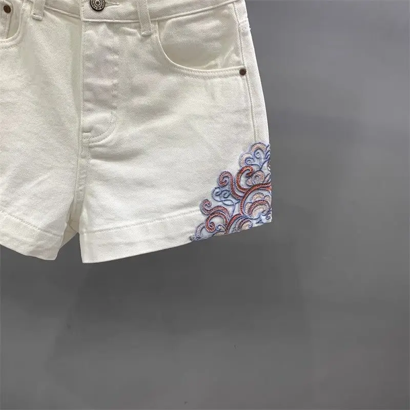 헤비 인더스트리 자수 화이트 카우보이 반바지 여성 여름 신상 하이웨이스트 다용도 슬림 A라인 스트레이트 레그 팬츠