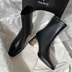 Ankle Boot New Women Winter 2023 Black Sexy Square Head Low Heel Boots Footwear Zip Comfy Short Boots White Stretch Tight Boots