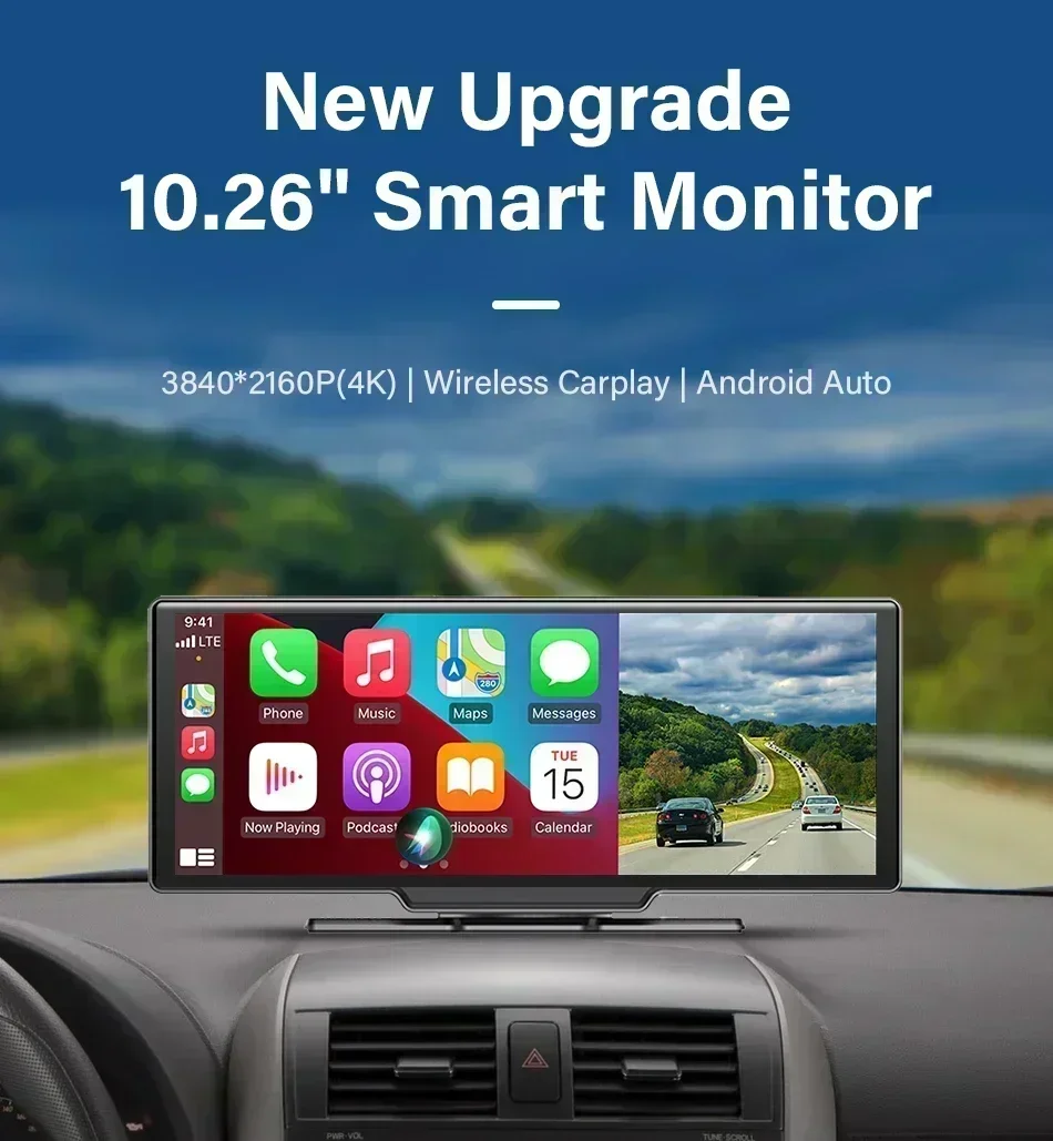 Srnubi 10,26" Dash Cam Rück Carplay Android Auto 4K DVR Navigation Player Dual Len Recorder Dashboard WIFI BT – Detail 3