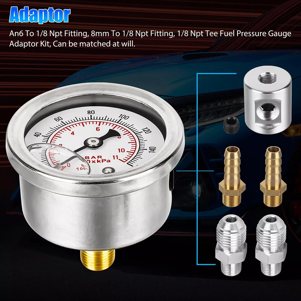 1/8 NPT Fuel Pressure Gauge Kit 0-160 PSI 11Bar Liquid Filled Shockproof with Fuel Line Tee Adapter 6AN Fittings Universal