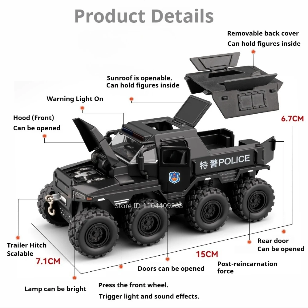 1:32 Conqueror Police Car Model Toy Detachable Components Sound Light Pull Back Off-road Vehicles Models Boys Birthday Presents view 2