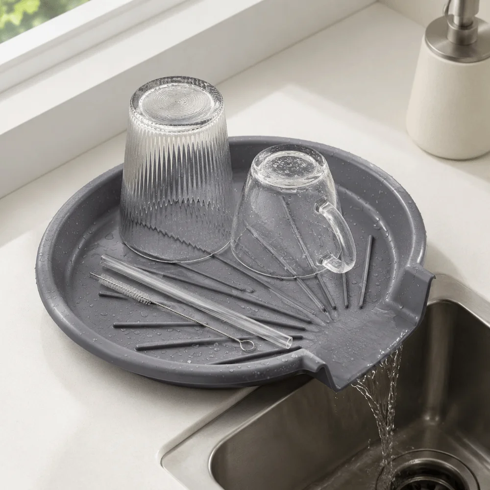 Non-Slip Sink Drain Pad Quick Dry Self Draining Dish Drying Mat Easy Clean Heat Resistant Countertop Drain Tray Kitchen