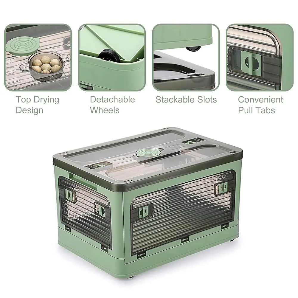 2 Pa Plastic 4 Doors Collapsible Storage Bins With Lid & Wheels, 36 Liters Folding Storage Bins, Stackable Multifunctional Box