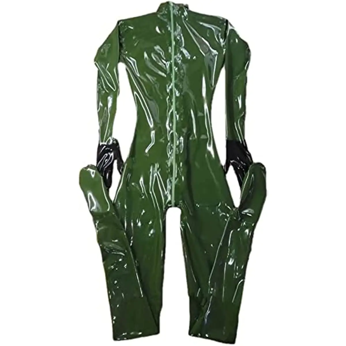 

Sexy Latex Catsuit Bodysuits Attach Gloves Socks 3D Breast Cups with Back Crotch Zipper Handmade,Army Green