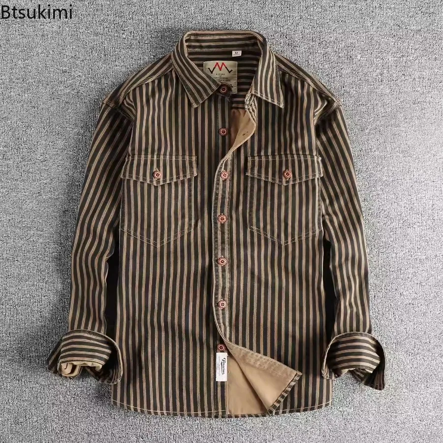 2025 Spring and Autumn New Fashion Retro Woven Striped Cargo Shirt Men's Comfort 100% Cotton Washed Double Pockets Shirt Jacket