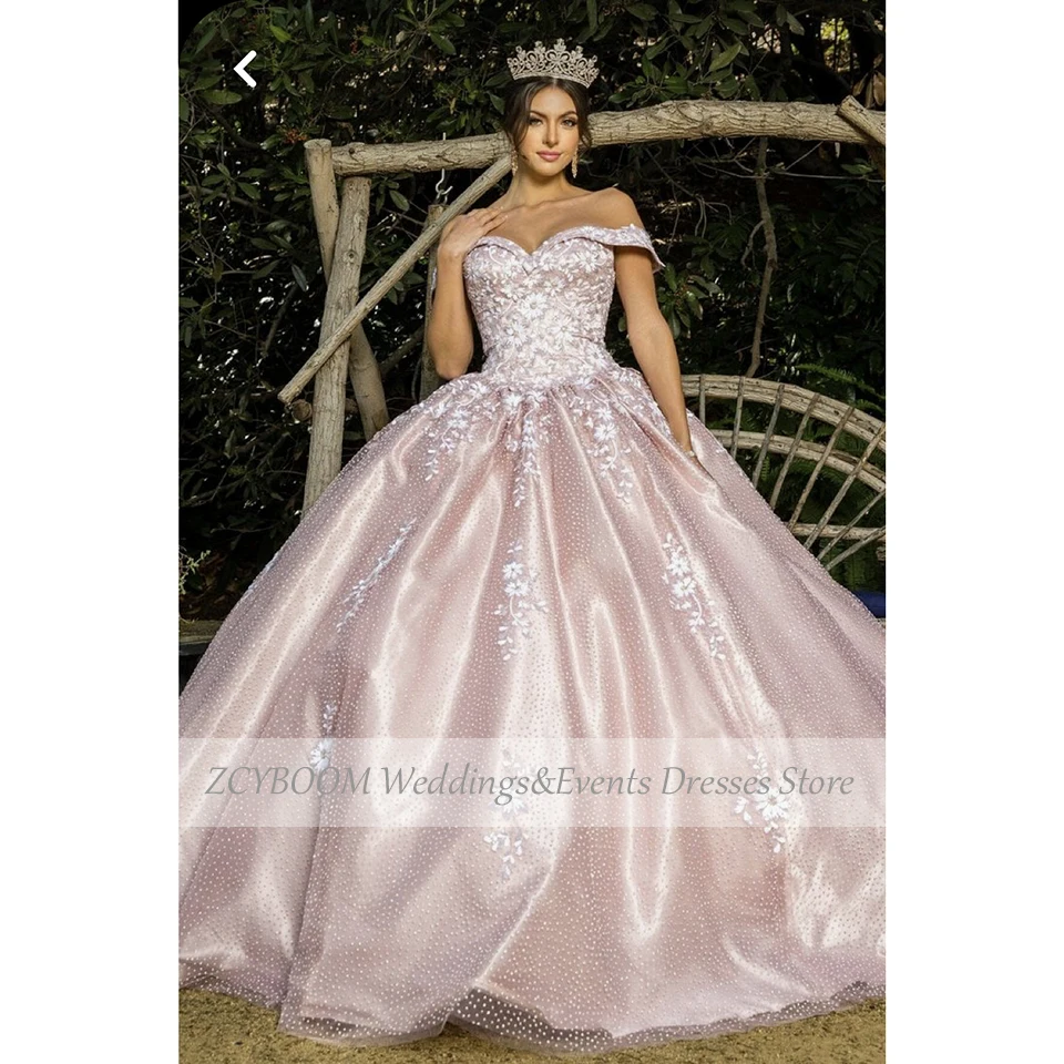 Lindo rosa flores apliques fora do ombro vestido de noite 2025 vestido de baile até o chão trem varredura rendas até vestido de formatura