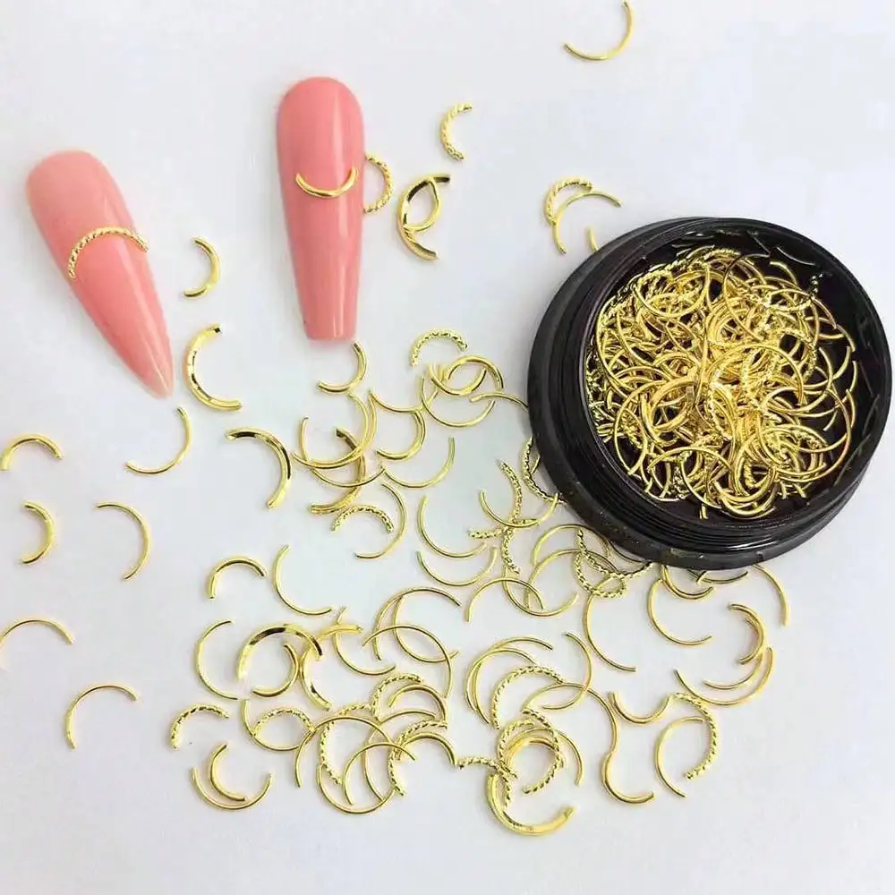 1 scatola mista casuale oro argento rosa metallo rame Nail Art decorazioni piatto borchie adesivi per unghie scava fuori lunga striscia a forma di