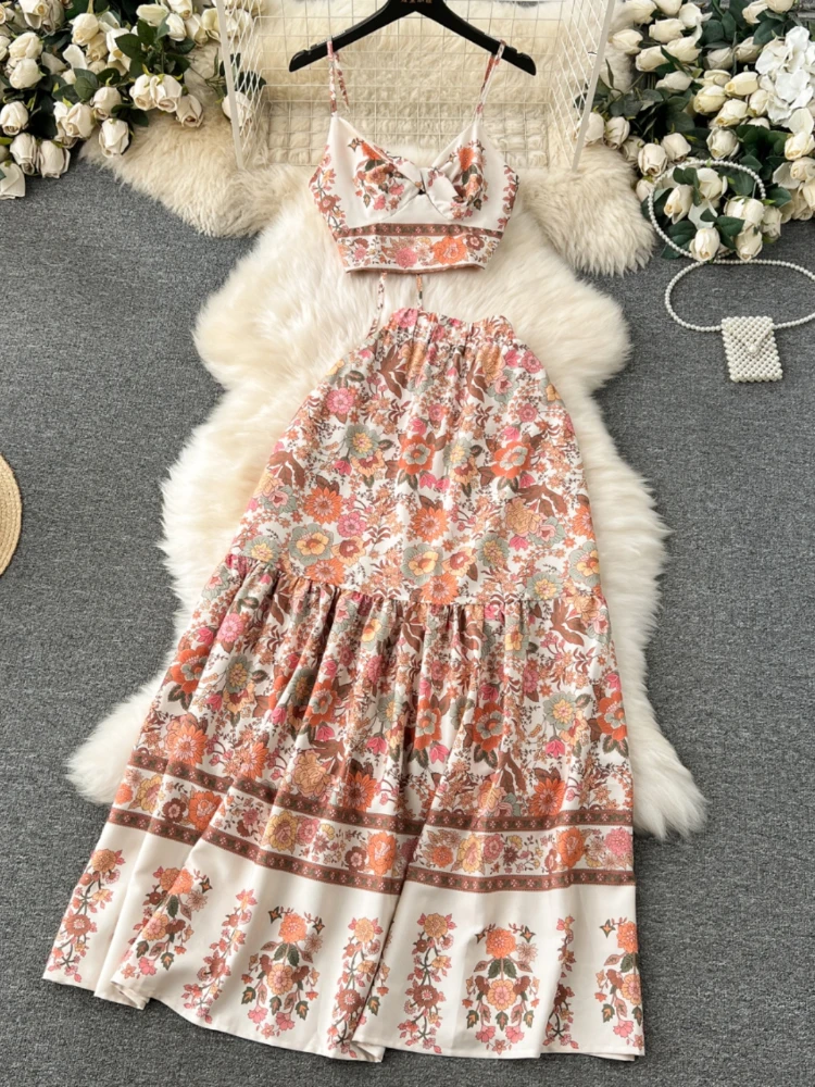 Bohemian Vintage Print Two Piece Set Women Sexy V-neck Short Tank Top+high Waist Long Skirt Elgeant Two-pcs Suits Beach Outfits