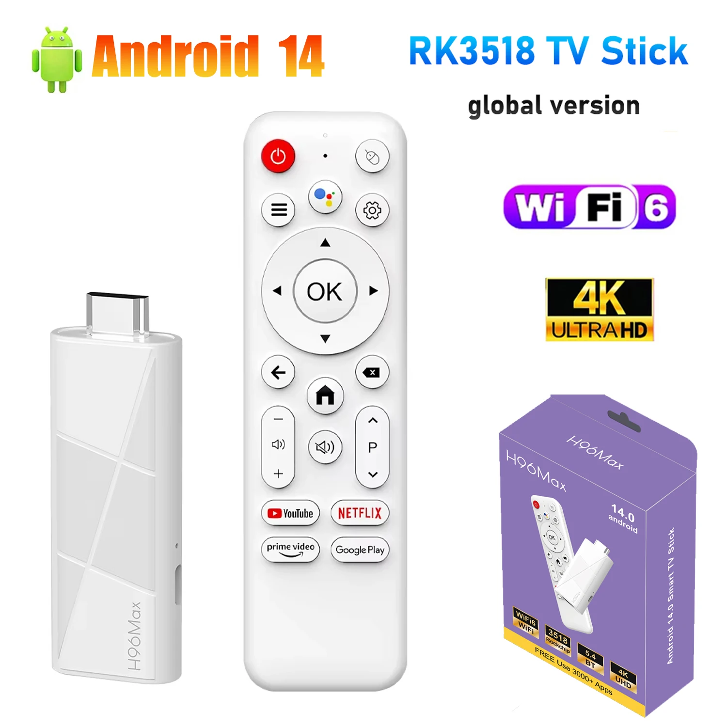 جهاز Android TV Stick H96 MAX RK3518 TV Stick رباعي النواة BT5.4 Wifi 6 يدعم 4K HDR صوت مشغل الوسائط عن بعد عصا التلفاز الذكية 2GB 16GB