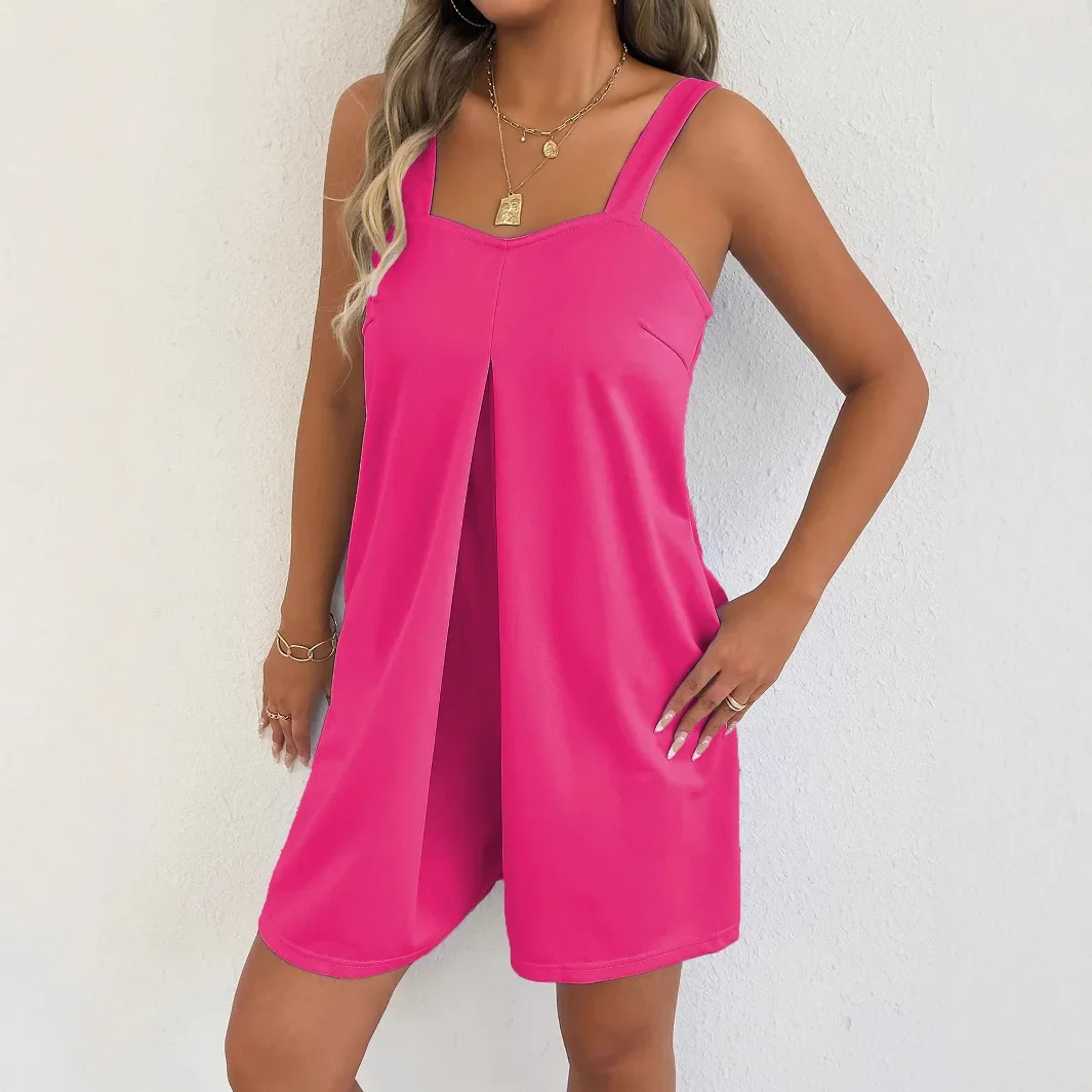 Tuta da donna con bretelle, pantaloni senza spalline, tinta unita, vestibilità ampia, nuova estate