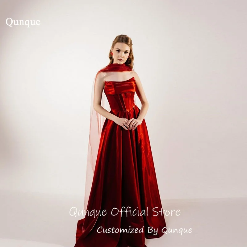 

Qunque Shimmery Pleated Ribbons Evening Dresses Burgundy Satin Robes De Soirée Strapless A Line Vestidos Para Mujer Customized