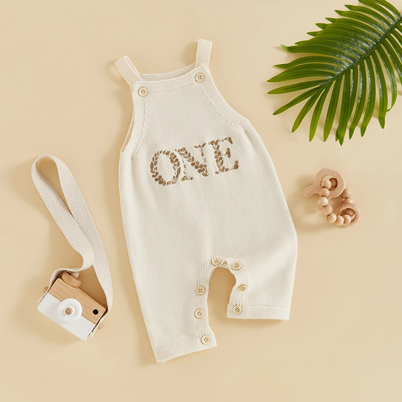 Baby Boy Girl Birthday Knitted Embroidery One Two Letter Romper Jumpsuit Cake Smash Outfit Newborn Clothes