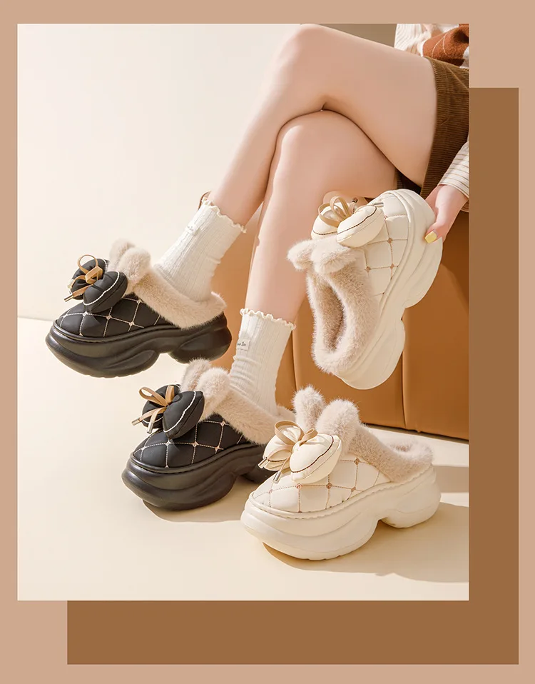 8 cm hohe Pantoffeln für Damen, klobige Plattform, Winter, pelzige Schleifenschuhe, Damen-Hausschuhe aus Kaninchenfell, wasserdichte Hasen-Mules, Clog-Schuhe – Detail 11