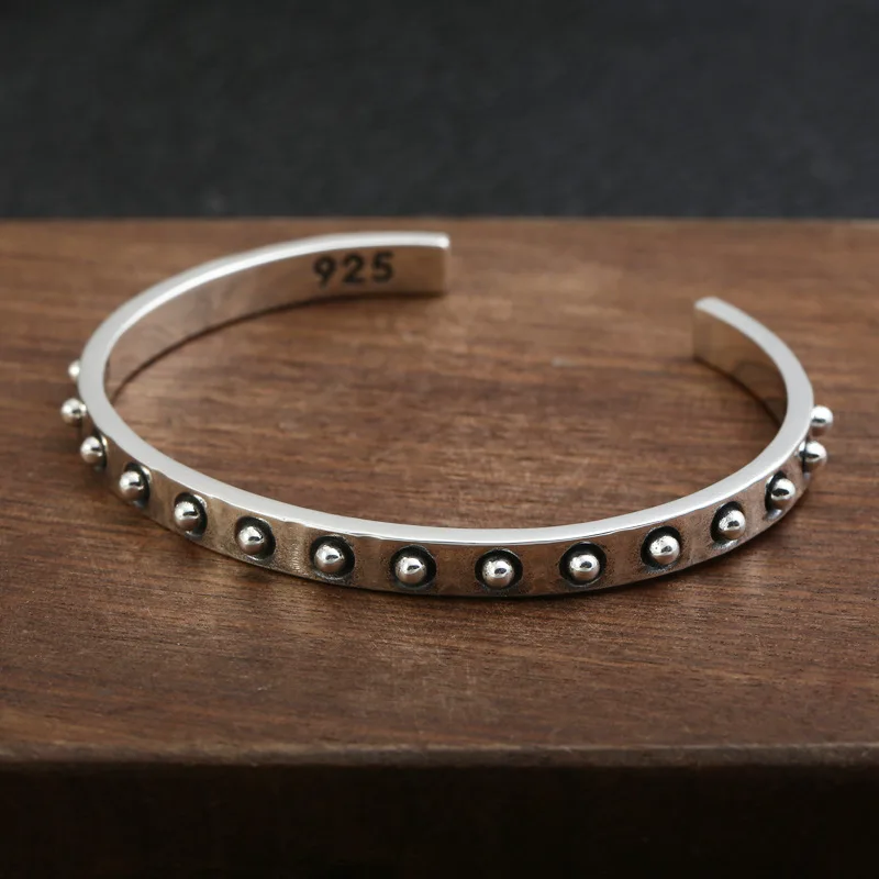 BOCAI New S925 Sterling Silver Charms Bracelet for Men Antique Relief Rivet Pattern Fashion Punk Bangle Fine Choice Jewelry