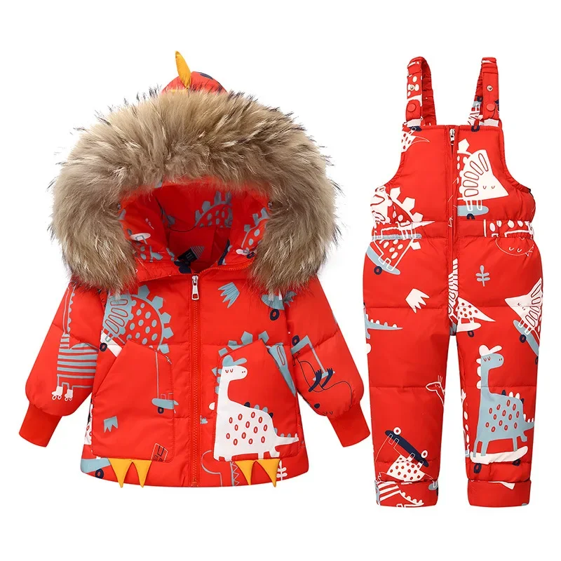 Kids Winter Jacket Cartoon Clothing Set Real Fur Collar Boy Winter Coat Girls Outerwear Warm White Duck Down Feather 1-5Y