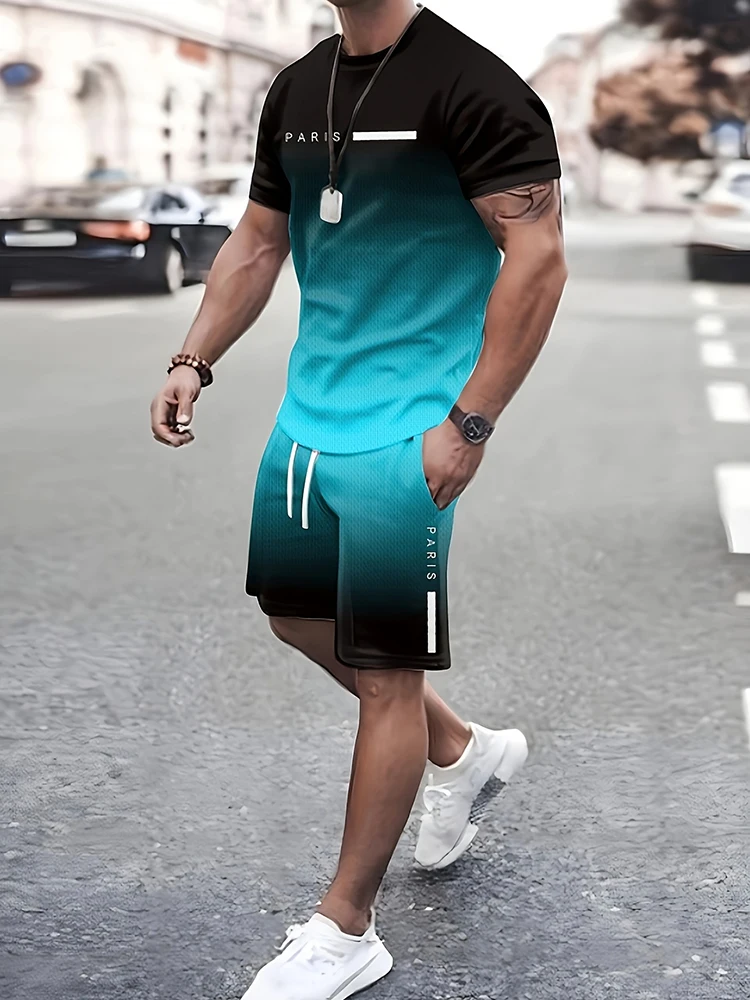 

New Street Style 3D Gradient Color Print Men's T-shirt And Beach Shorts Set Summer Daily Casual Men's Top Outdoor Sports Shorts