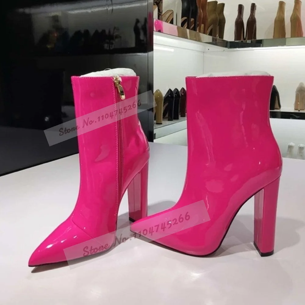 Hot Pink Chunky Heels Ankle Boots Shiny Mirror Leather Pointed Toe Booties Pointed Toe Zipped Dress Shoes Women Elegant Footwear