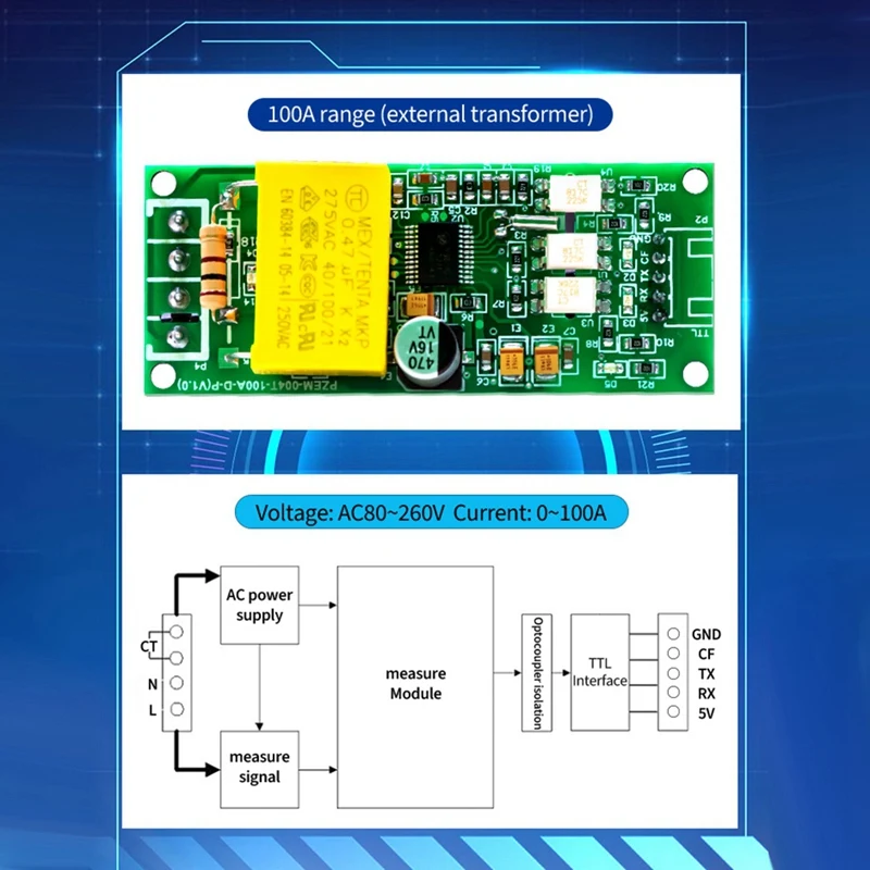 100A PZEM 004T 3.0 Version Wattmeter+Close CT Kwh Meter Volt Amp Current Test Module For Arduino TTL COM2/COM3/COM4