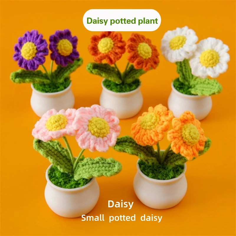 Double-Headed Wool Knitted Daisy Small Potted Bedroom Desk Artificial Flower Ornaments Girl's Best Friend Life Gift Quantity 10