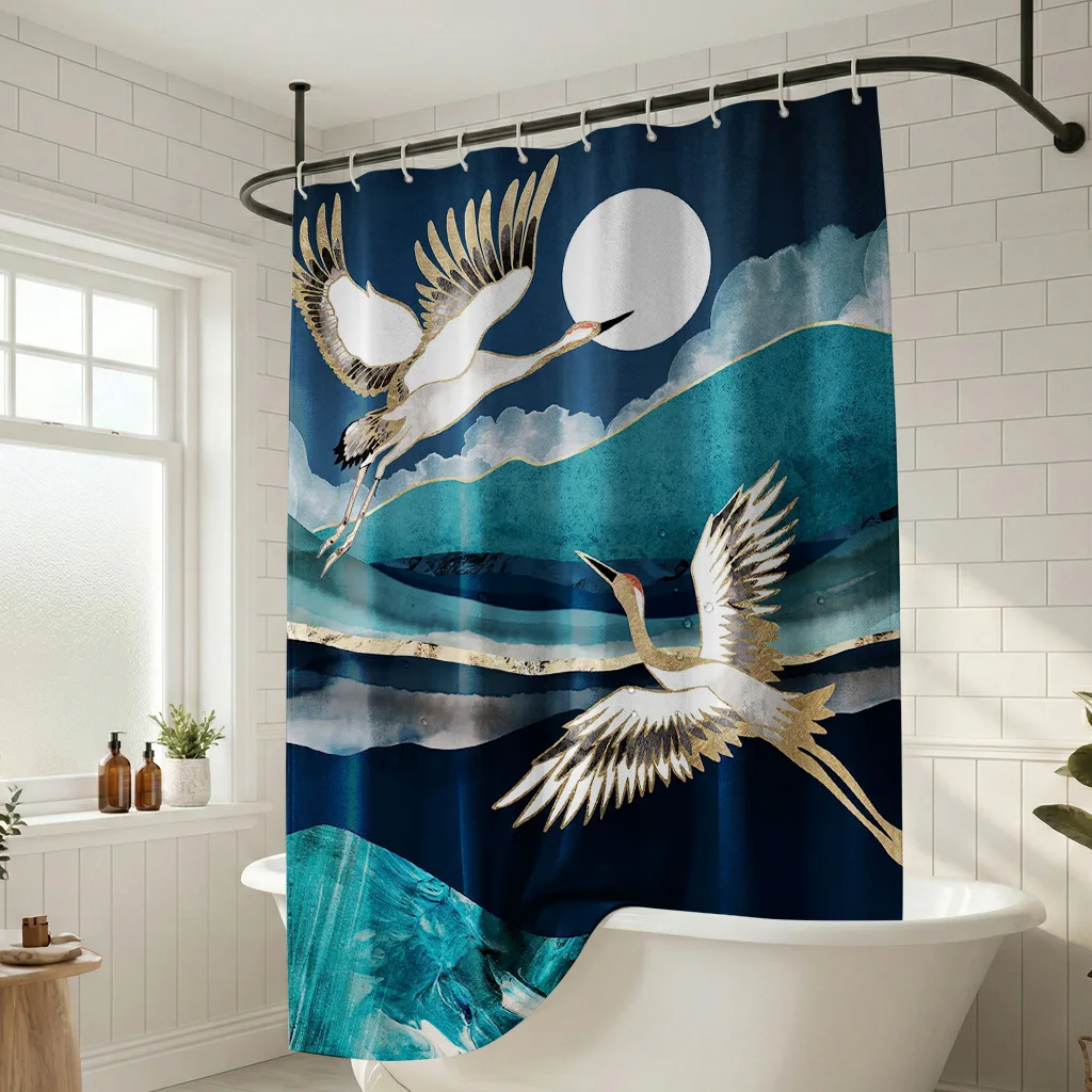 

ntage Japanese Crane Art Shower Curtain - Creative Teal Mountain Moon Design - Indoor Home Bathroom Decor Art Bath Curtain