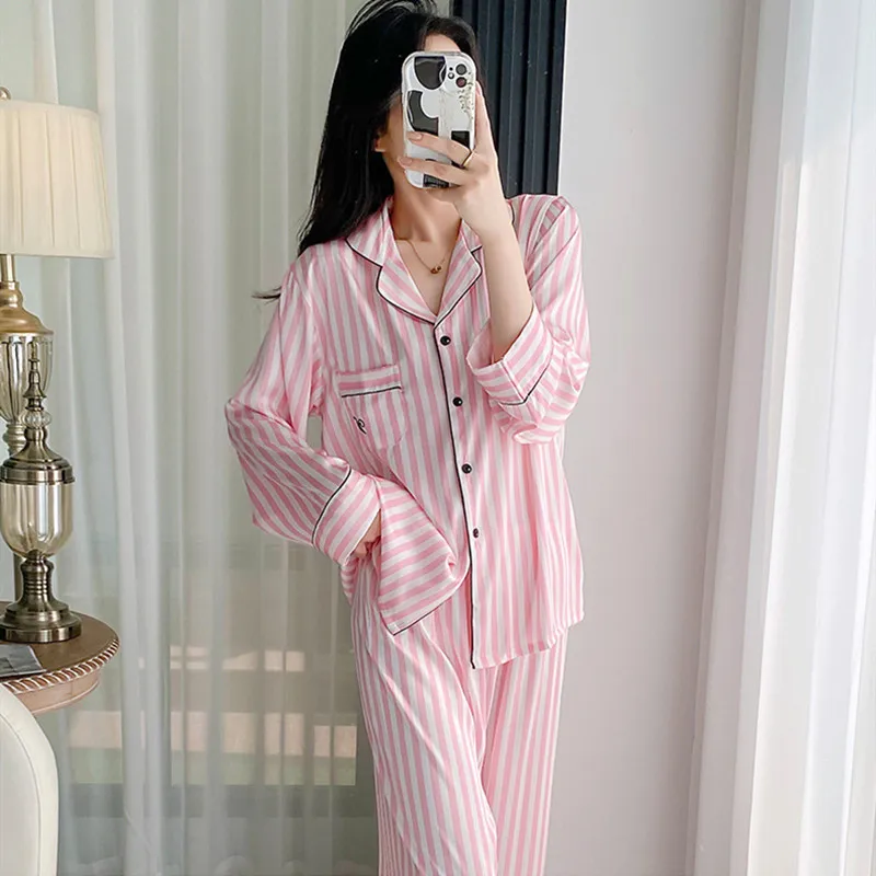 Pink Striped Printed Satin 2Pcs Sleep Set Pajamas Women Sleepwear Lapel Shirt Pants Pijamas Suit Spring Nightwear