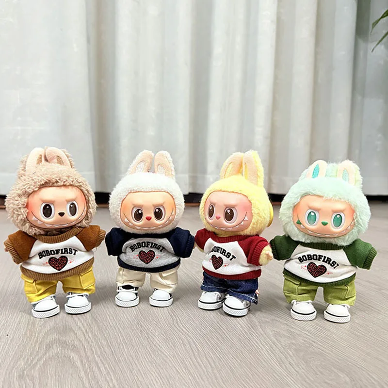 

Одежда для Labubu, один размер подходит для всех 1-го-3-го поколения, комплект в повседневном стиле 15/17 см, футболка с рукавами реглан и принтом сердца, джинсы-карго