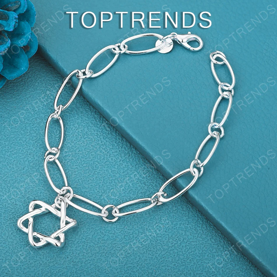 

Fine Jewelry 925 Sterling Silver Six-Pointed Star Pendant Oval Chain Bracelet Lady Party Birthday Gorgeous Noble Accessories