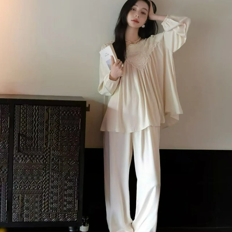Elegant Stylish Large-sized Pajamas for Women 2026 Spring Autumn New Style Laid-back Lace Loose High-end Long-sleeved Home Wear