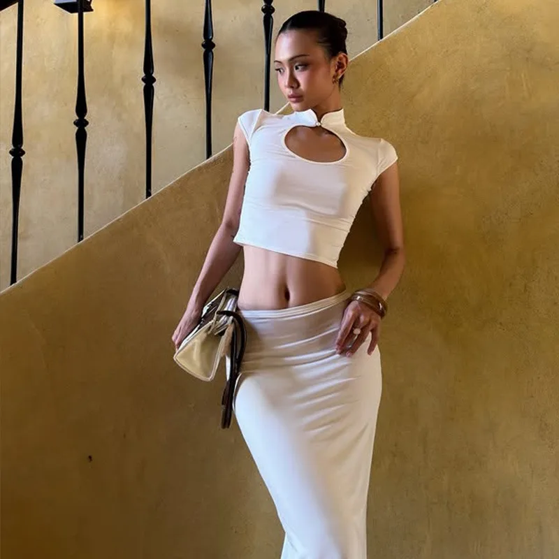 

Two European American Style Summer New Arrival Fashion Stand Collar Retro Hollow Out Top Tight Fitting Midi Skirt For Women