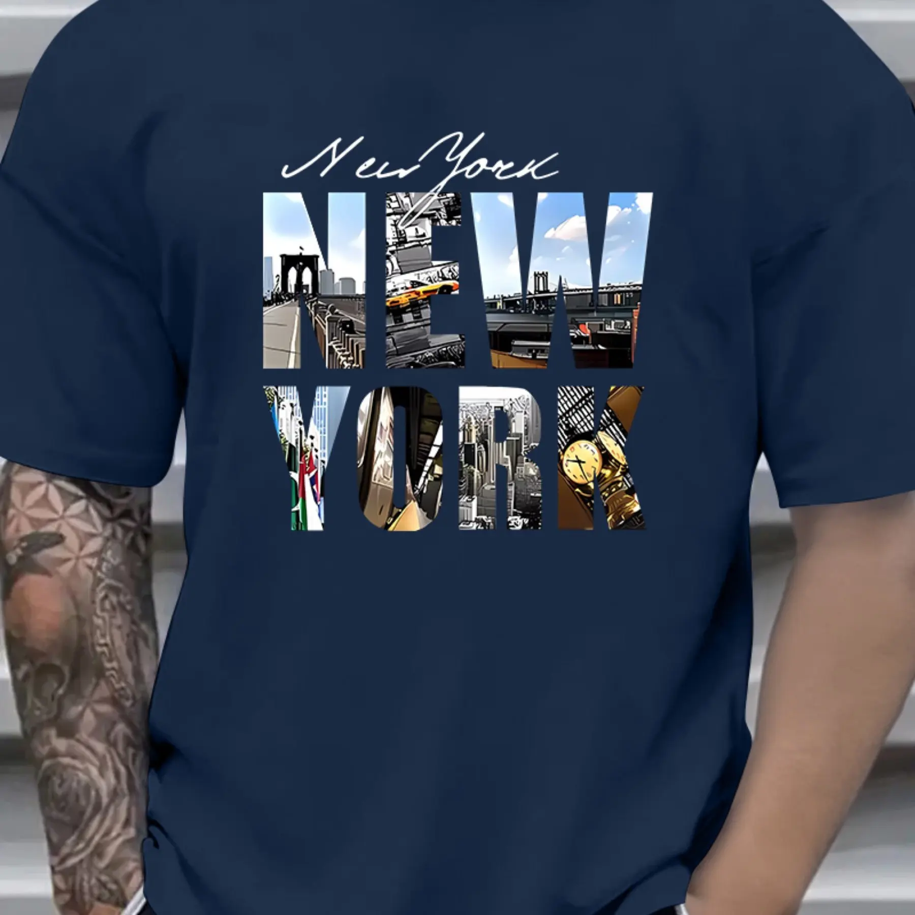 Men's Summer Cotton Fashion Casual Loose New York Pattern Print Sports Round Neck Short-sleeved T-shirt Top Casual Comfortable