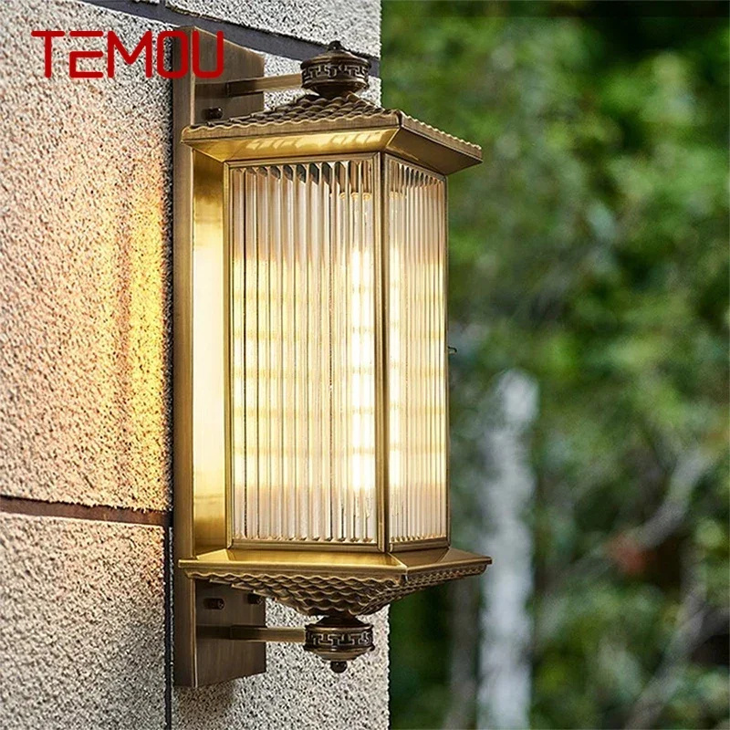 TEMOU Contemporary Solar Brass Outdoor Wall Lamps Simplicity Waterproof Creative Balcony Hallway Courtyard Villa Gate Hotel