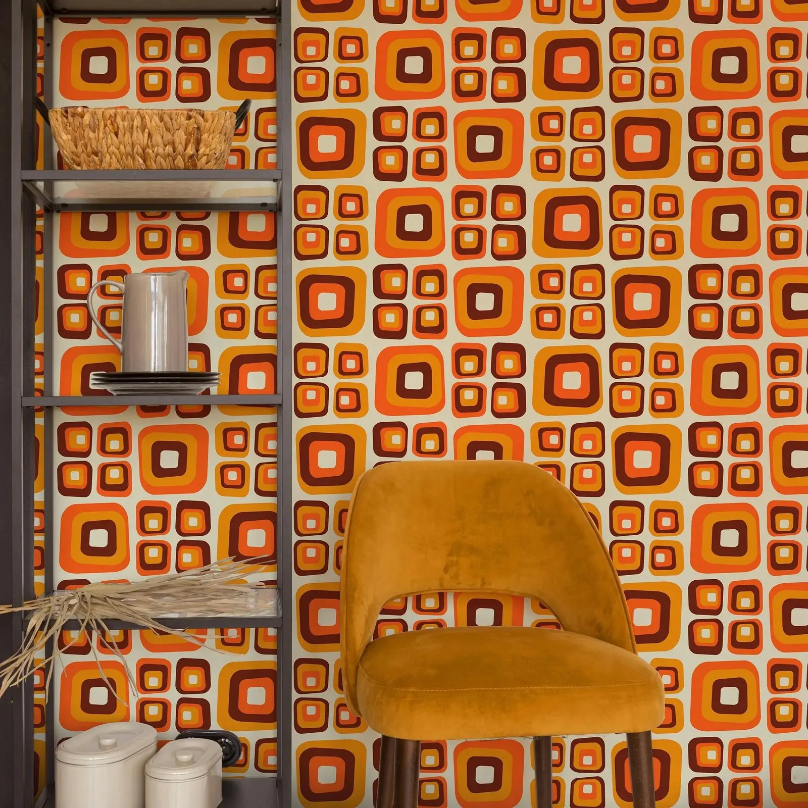 Geometric Wallpaper Peel and Stick,Orange Wallpaper For Living Room Decor,Retro Ornamental 70's Traditional Non-woven Wallpapers