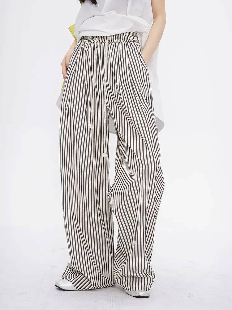 QWEEK Korean Fashion Striped Pants Women Summer Y2K Vintage Drawstring Wide Leg Trousers Oversized High Waist Casual Pants