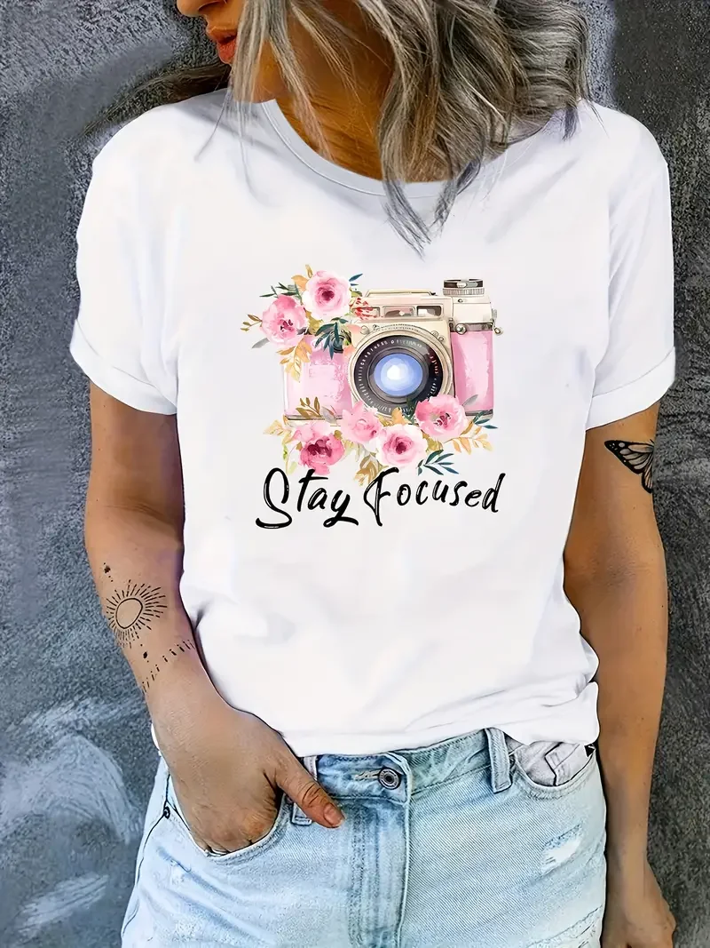 Flower Camera	Fashion print women Tshirt Summer O-neck short sleeved Tee Tops street trend Female T-shirt Clothes