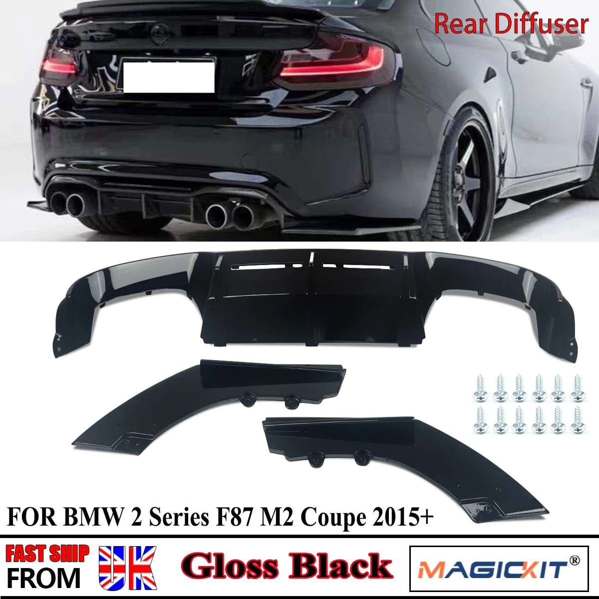 3PCS Rear Lip Spoiler Bumper For BMW M2 Diffuser F87 Coupe M2C Competion 2015+ Gloss Black