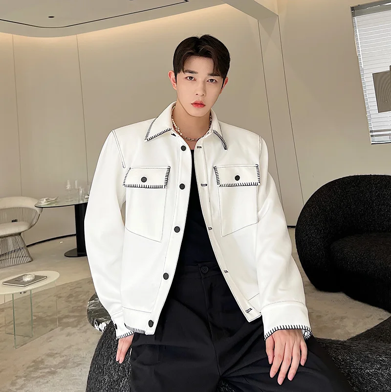

Special Stitching Contrast Color Design Men's Workwear Jaet Autumn Winter Outerwear Trendy Long Sve Flip Collar Coat